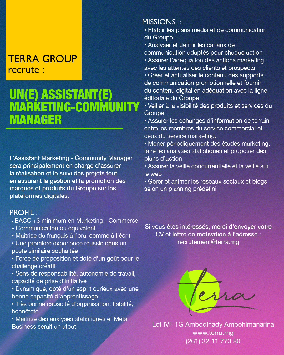 Terra Group recrute un(e) assistant(e) marketing-community manager