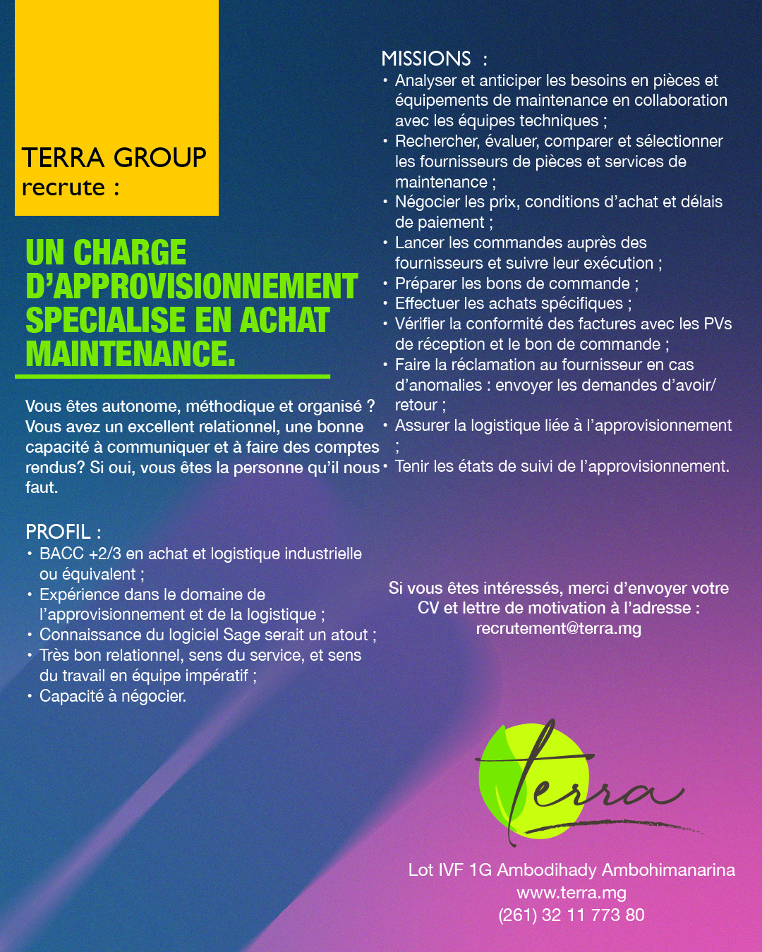 Terra groupe recrute un chargé d'approvisionnement spécialisé en achat maintenance