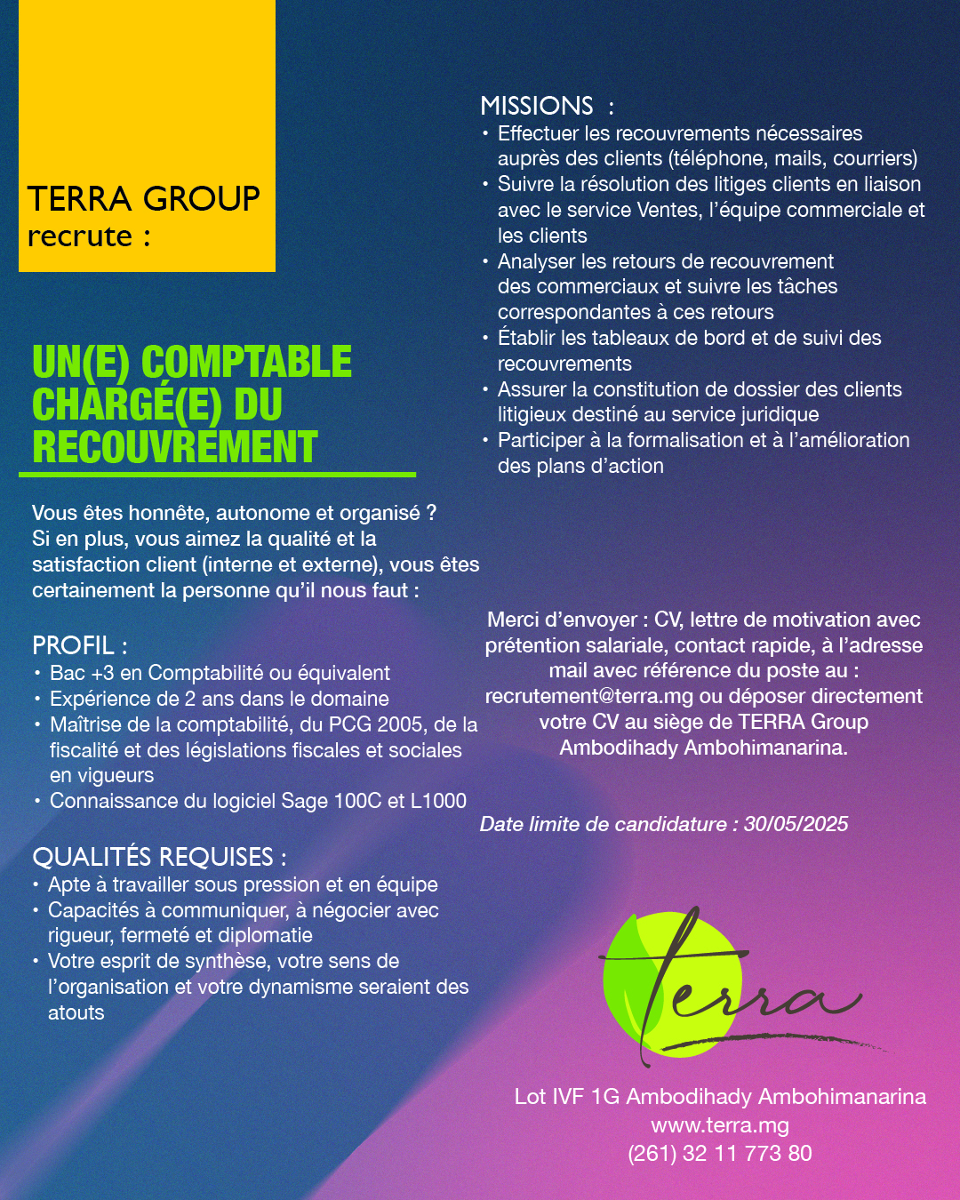 Terra groupe recrute un(e) comptable chargé(e) de recouvrement