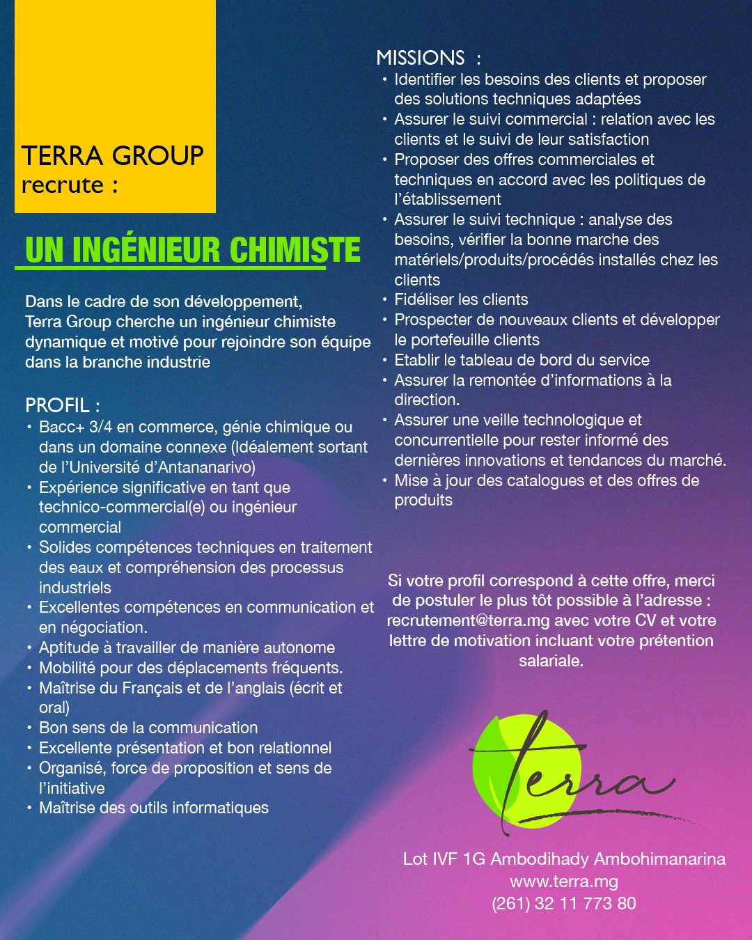 Terra recrute un ingénieur chimiste