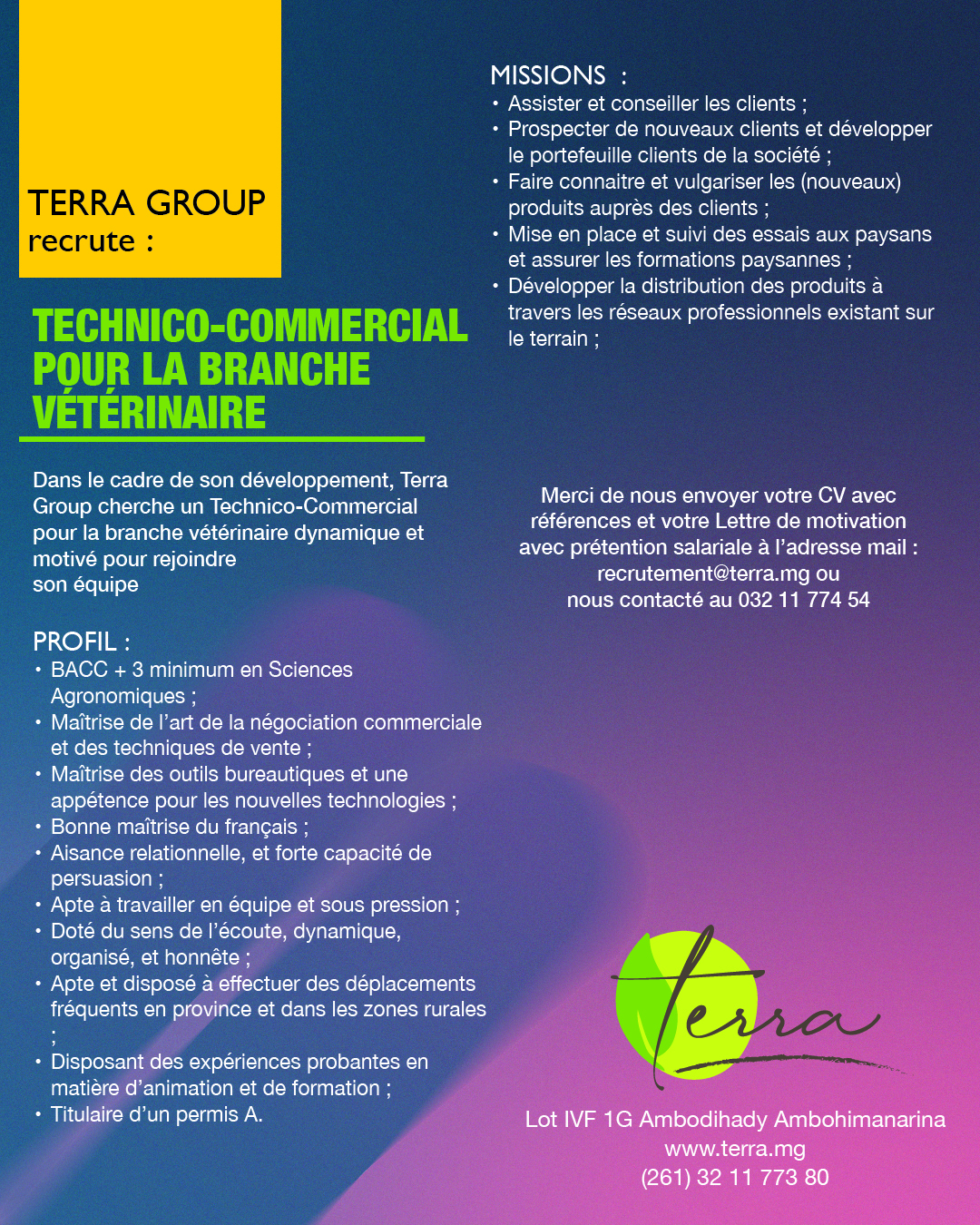Terra Groupe recrute un technico-commercial pour la branche vétérinaire